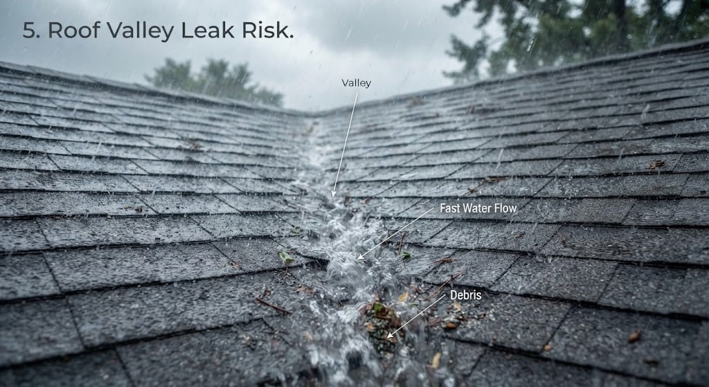 Roof valley leak risk during heavy rain and wind.
