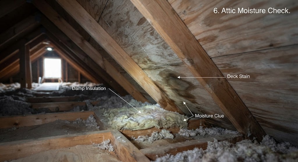 Attic inspection view showing deck stain, moisture clue, and damp insulation.