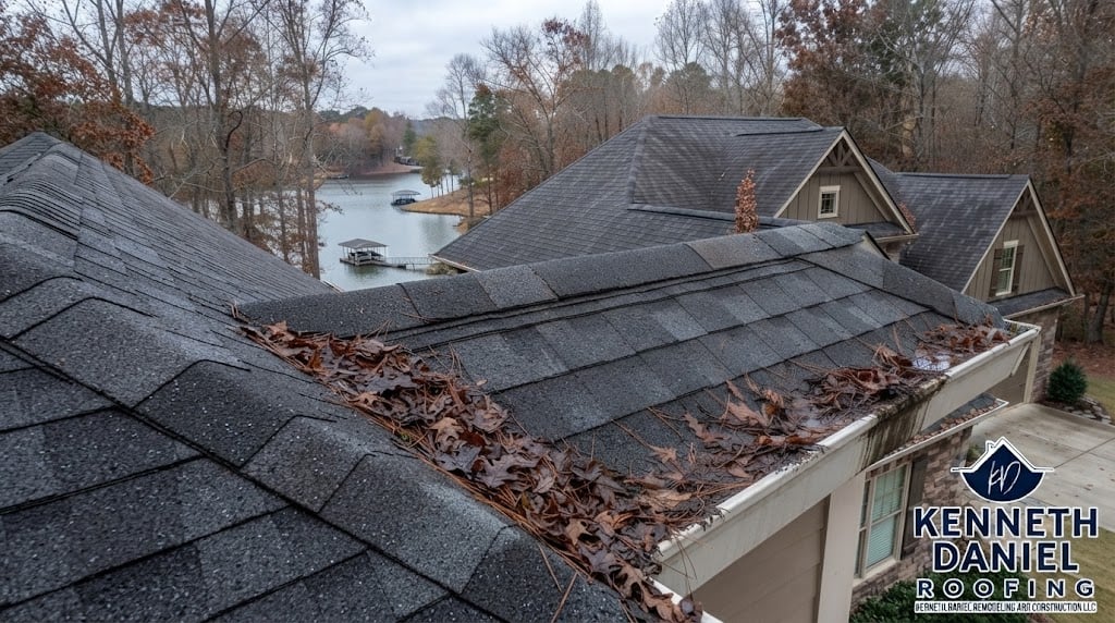 High-angle photograph of a residential lake house roof in late fall, showing heavy accumulation of dry leaves and pine needles in the white gutters, indicating the need for professional cleaning.