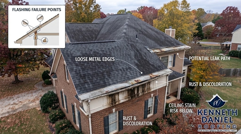 High-angle aerial photograph of a residential brick house roof with annotated flashing failure points. White text labels point to issues like loose metal edges, rust, discoloration, and potential leak paths, with a diagram inset titled 'FLASHING FAILURE POINTS.' The Kenneth Daniel Roofing logo is in the bottom right.