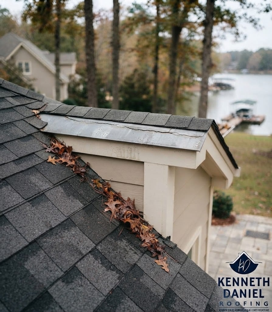 Close-up of a residential asphalt shingle roof near Lake Gaston showing significant shingle damage, curling edges, and a heavy accumulation of dry leaves in the roof valley and gutter.