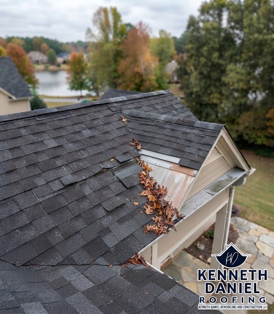High-angle photo of a residential asphalt shingle roof near Lake Gaston showing wind-lifted shingles and a trail of accumulated dry leaves in the valley, indicating storm damage that requires professional repair.