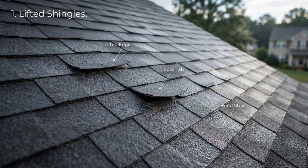 Asphalt shingle roof damage close-up labeled with 'Lifted Edge', 'Loose Tab', and 'Wind Stress'.