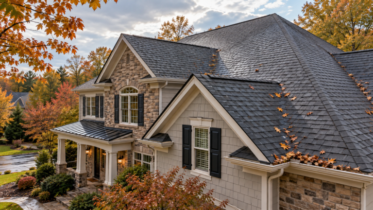 Short Pump Virginia home with a well-maintained asphalt shingle roof, fall leaves, and damp shingles after summer storms.