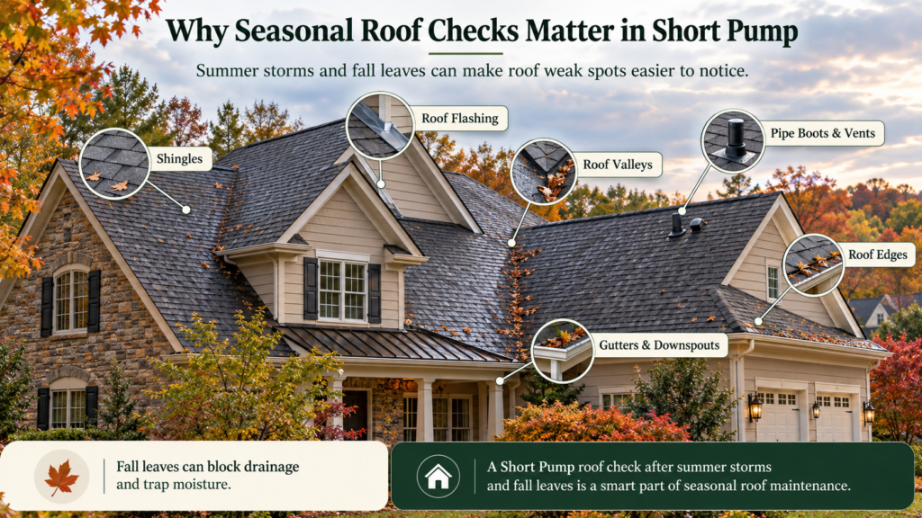 Short Pump roof check after summer storms and fall leaves
